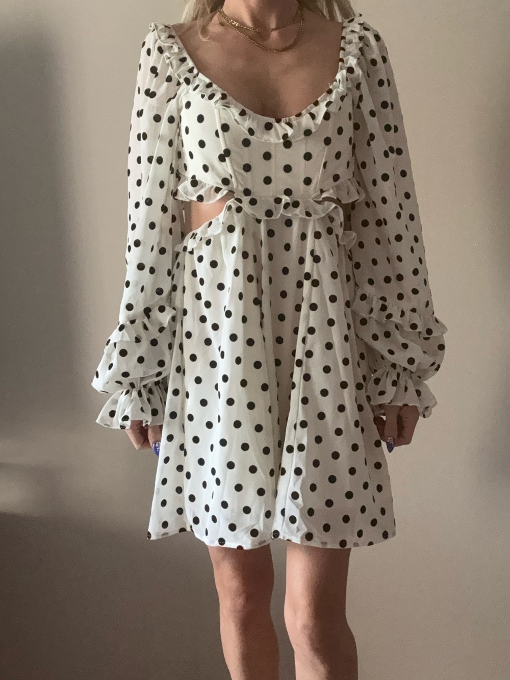Polka Dot Long-Sleeve Ruffle Cutout Dress - White/Black